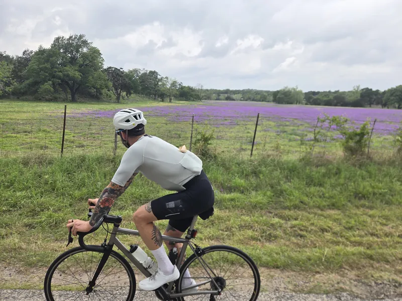 A rider passing a field of purple bluebonnets and wildflowers.
